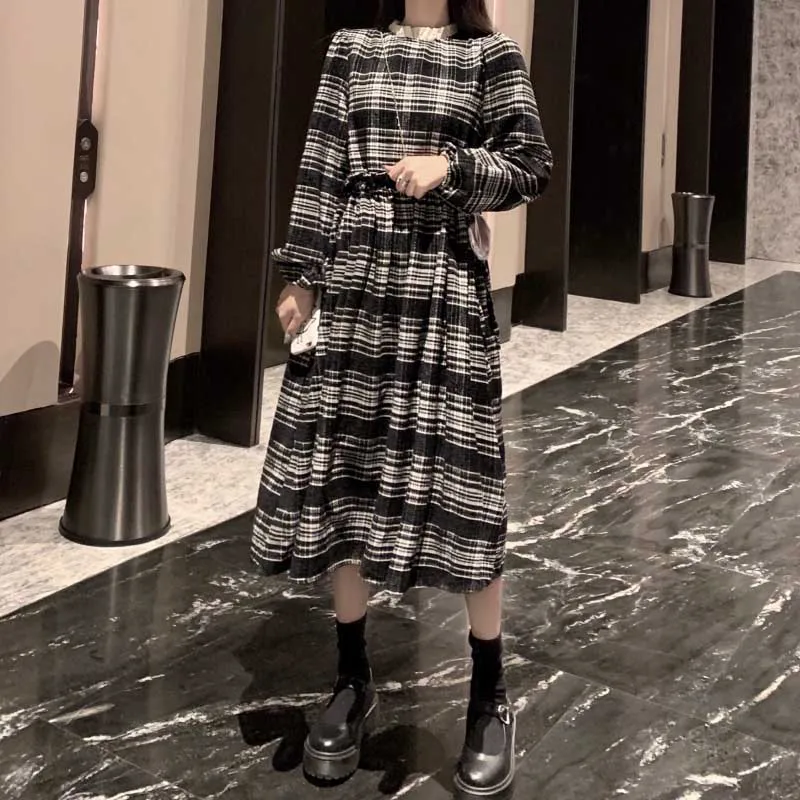 

Vintage Ladies Lattice Dress Korean Elegant Slim Long Sleeve Dresses One-Piece 2021 Spring Autumn Fashion Women Dress Midi Dress