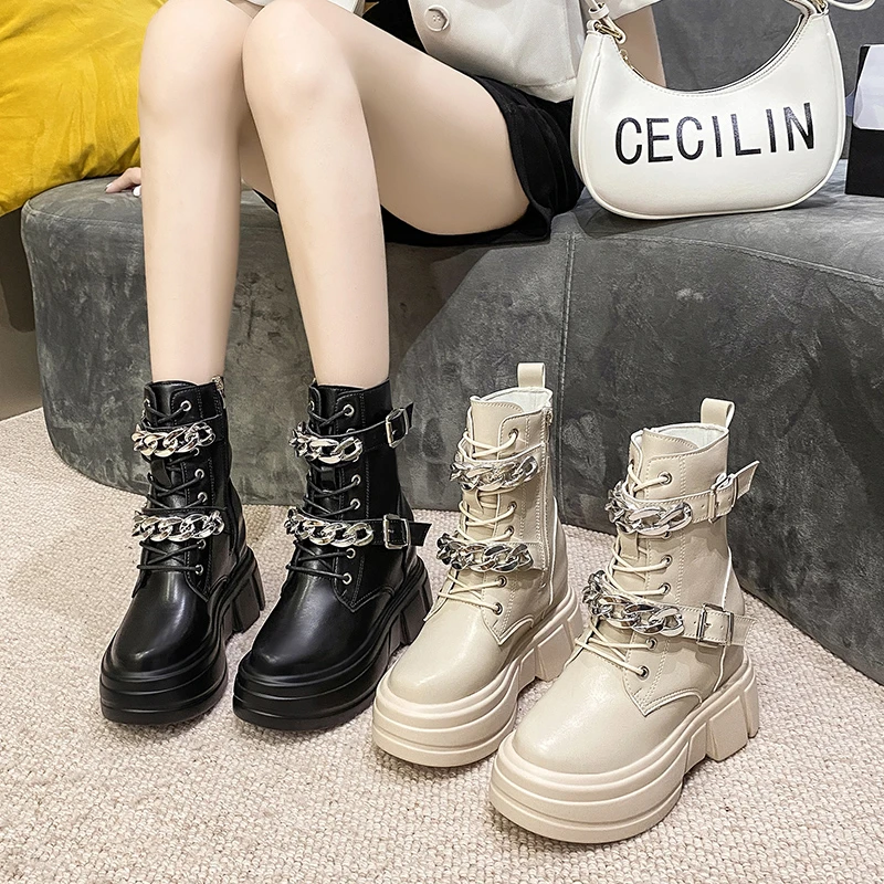 

Women Ankle Boots 2022 Autumn Leather High Top Chain Sneakers 9CM High Heels Chunky Platform Punk Boots Winter Thick Sole Boots