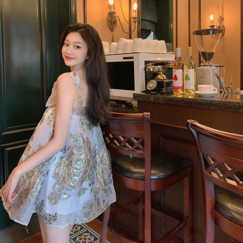 

Summer Palace Style Sling Dress Women Elegant Printing Puff Sleeve Bow One Word Collar Ladies A-Line Mesh Dress Female M250