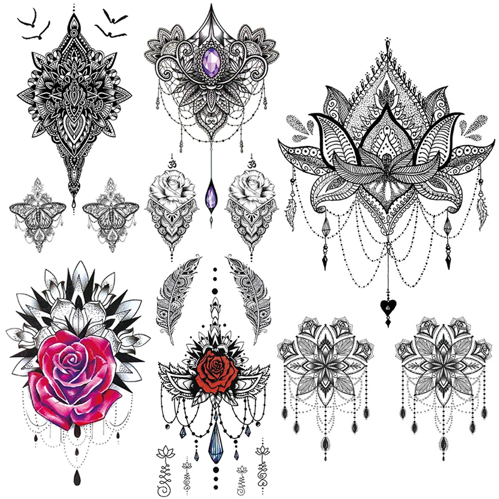 

Sexy Fake Jewelry Temporary Tattoos For Women Rose Henna Pendants Tattoo Black Owl Moth Feather Waterproof Tatoo Body Back Chest