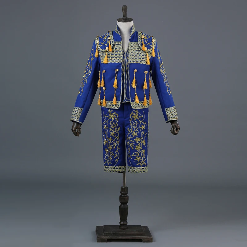 Fashion men's court suit Spanish bullfighting suit high collar Chinese style 3 piece stage singer costume(suit coat+Pants+Vest - Цвет: as picture