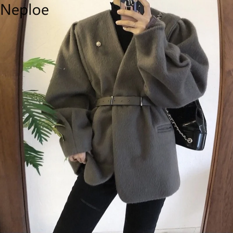 Neploe шикарное пальто с v образным вырезом и тонким поясом на талии осенне зимнее