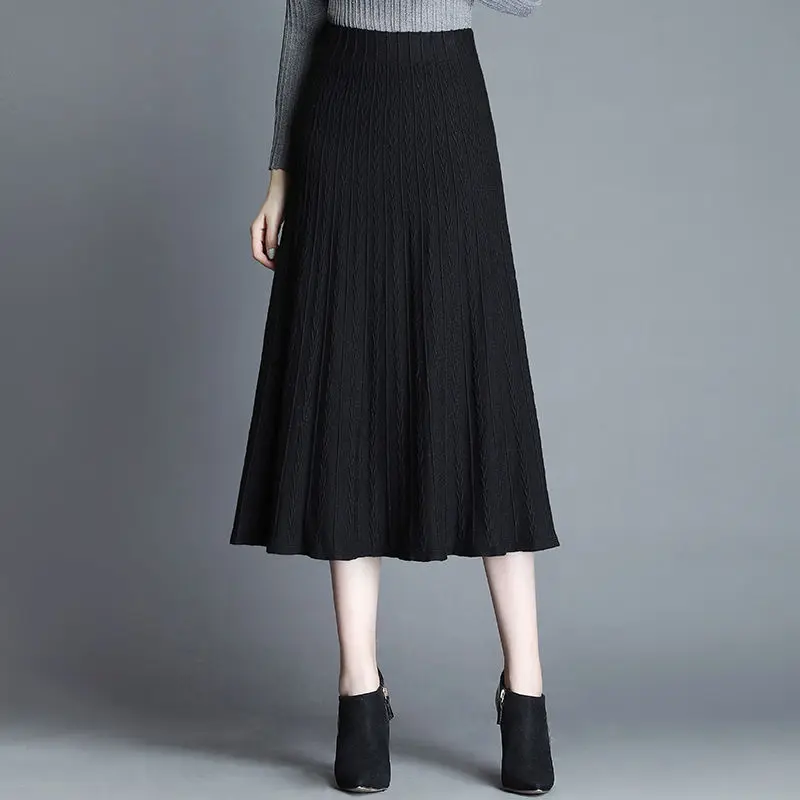 

2021 Vintage Winter Women Thick Sweater Skirt Elastic High Waist A-line Midi Knitted Skirt Female Solid Elegant Skirts Y338