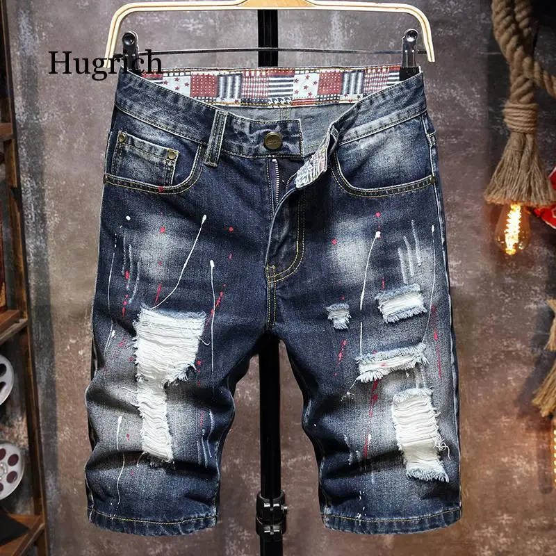 

Men's Graffiti Ripped Short Jeans 2021 Summer New Fashion Casual Slim Big Hole Retro Style Denim Shorts Male Clothes