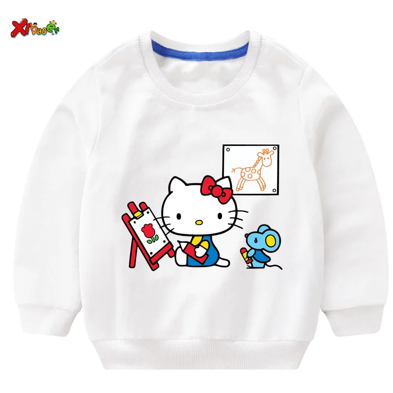 Свитшоты для маленьких девочек Футболка hello kitty г. Осенние толстовки для малышей, пуловер с длинными рукавами Модная одежда с героями мультфильмов красный, белый - Цвет: sweatshirt white
