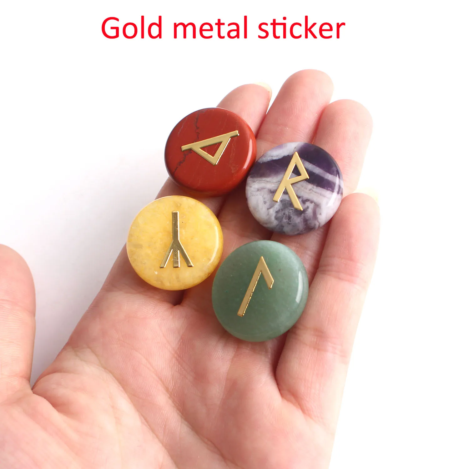 25Pcs Natural Chakra Crystal Golden Fortune-telling Divination Agate Runes Stones Round Copper Metal Sticker Reiki Healing Decor | Дом и сад