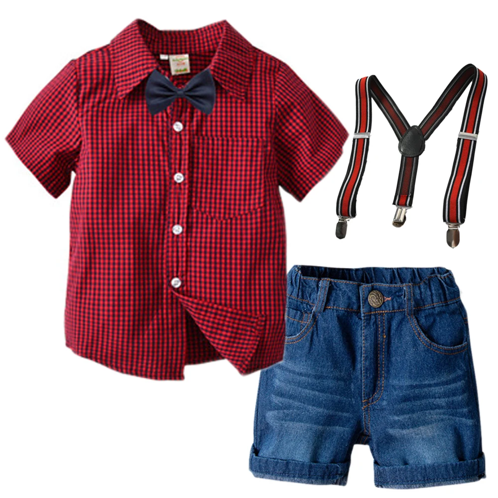 

Летняя одежда, яркие комплекты для мальчиков, Детская рубашка + джинсовые брюки с поясом, 4 предмета, детские костюмы