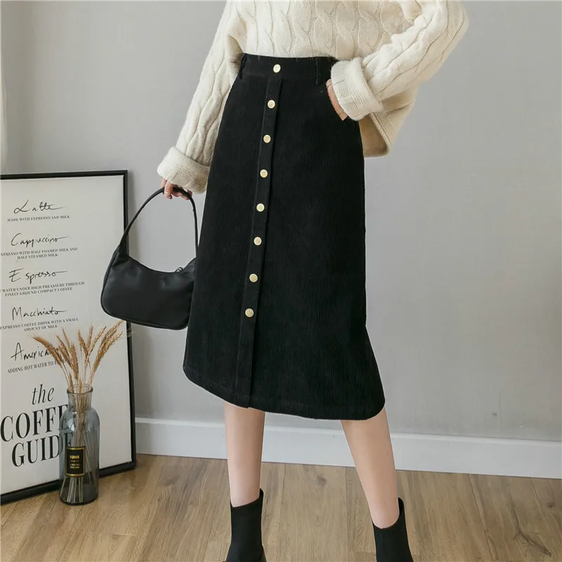 

Autumn Winter Women's Vintage Corduroy Skirt Fashion High Waist Single Breasted A-line Long Skirts Black/Khaki Ladies Midi Skirt
