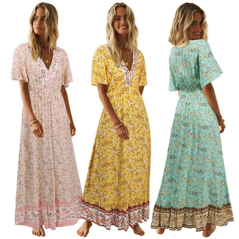 

2021 new wis women's short sleeve V-neck Bohemian Floral summer Dress Free shipping