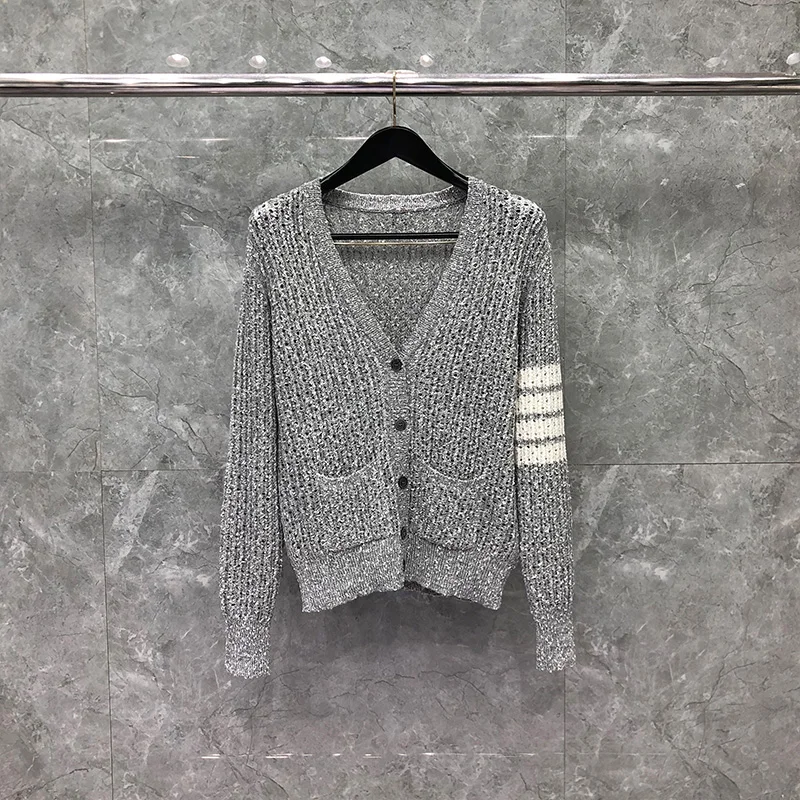 TB THOM Women's Winter Sweater Korean Fashion Tops Grey Wool Boucle Cable 4-Bar Stripe Knit V-Neck Cardigan For Women Slim Coat