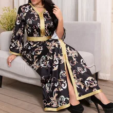 Abaya Dubai Turkey Islam Muslim Long Maxi Dress Robe Femme Vestiods Printed Jelaba Kaftan Djellaba Belt Longue 2021 New Fashion