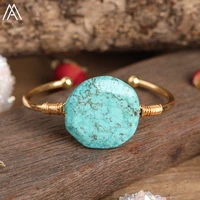 natural blue turquoise stone round beads open cuff bangle bracelet for women turquoises bracelet fashion statement jewelry gift
