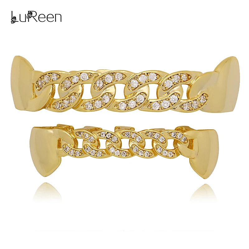 LuReen/золотистые полые зубцы с цепочкой со льдом для вампира Fangs Grillz золотые