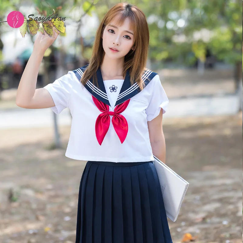 

New School Uniforms For Girls JK Japanese White Sailor Uniform Cosplay School Class Short Sleeve Suits Sakura Design Sets