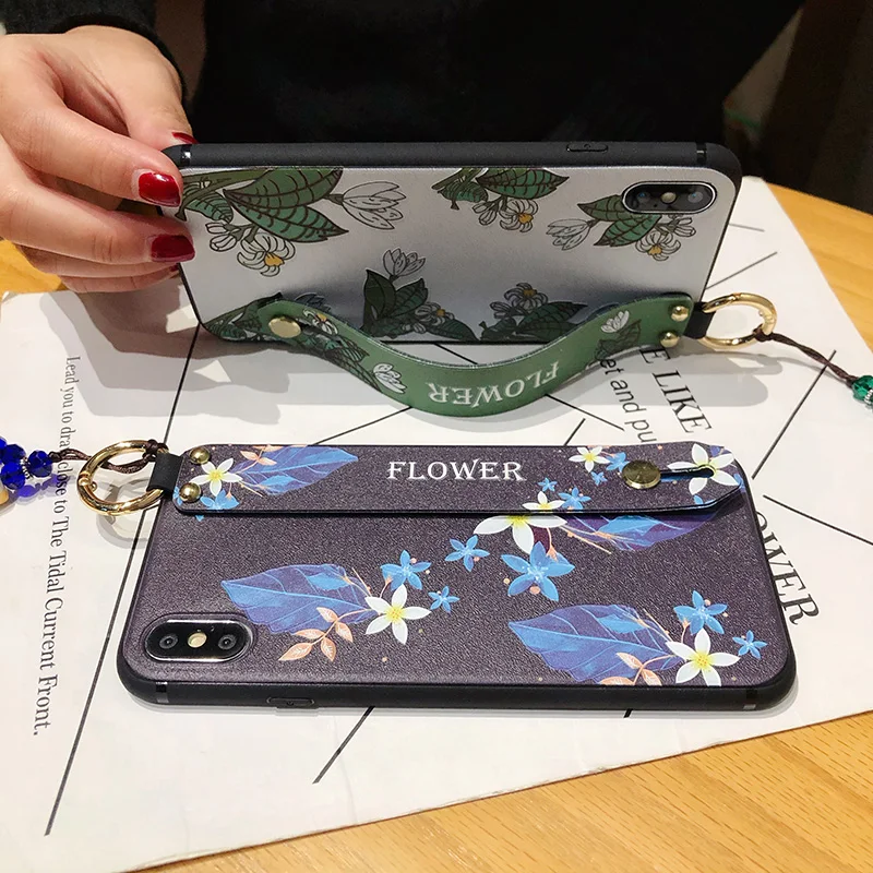 

Funny Case For iPhone 12 Pro Max Case for iPhone 11 Pro Max X Xs Max XR 7 8 Plus SE Leaves TPU Wrist Strap Phone Holder Cover
