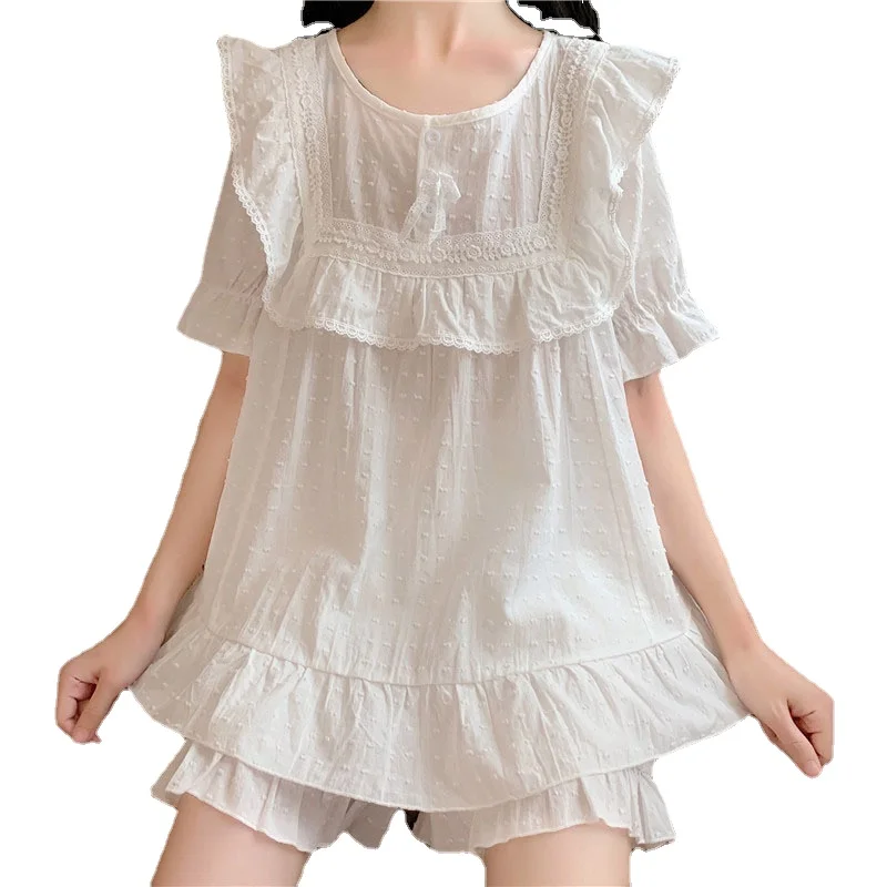 2021 Summer New Palace Style Pure Cotton Pajamas Women's Sweet Princess Style Short Sleeve Ruffle Housewear Female Sleepwear