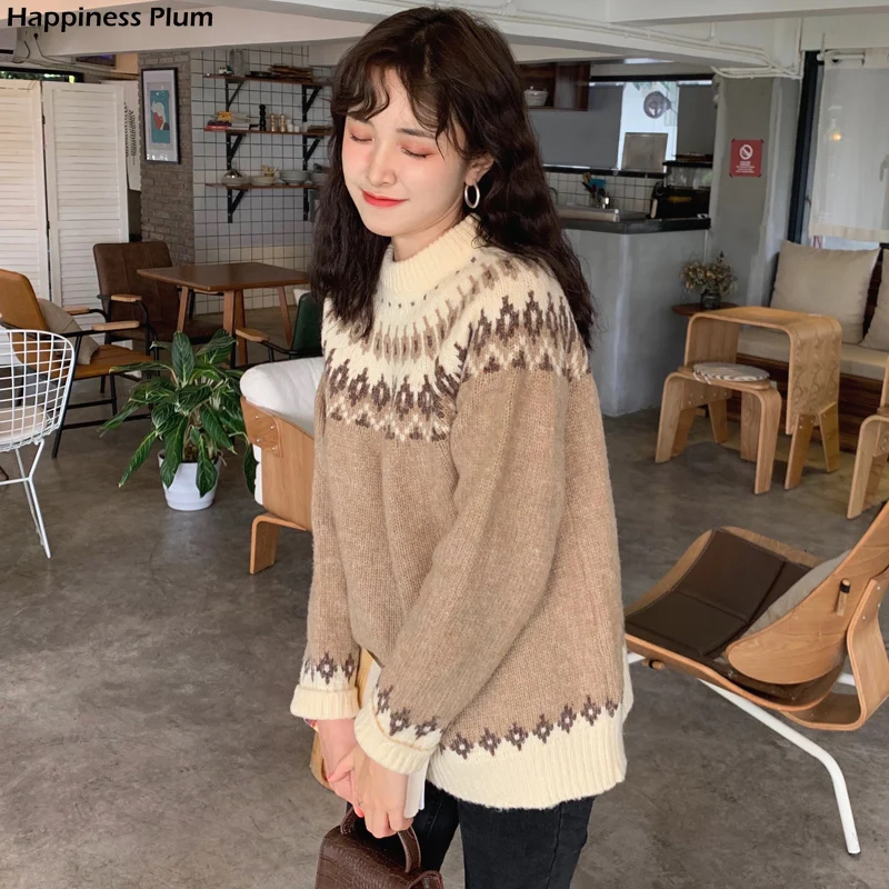 

Harajuku winter fashion vintage women geometric print o-neck pullover long sleeve loose knitted oversize sweater female