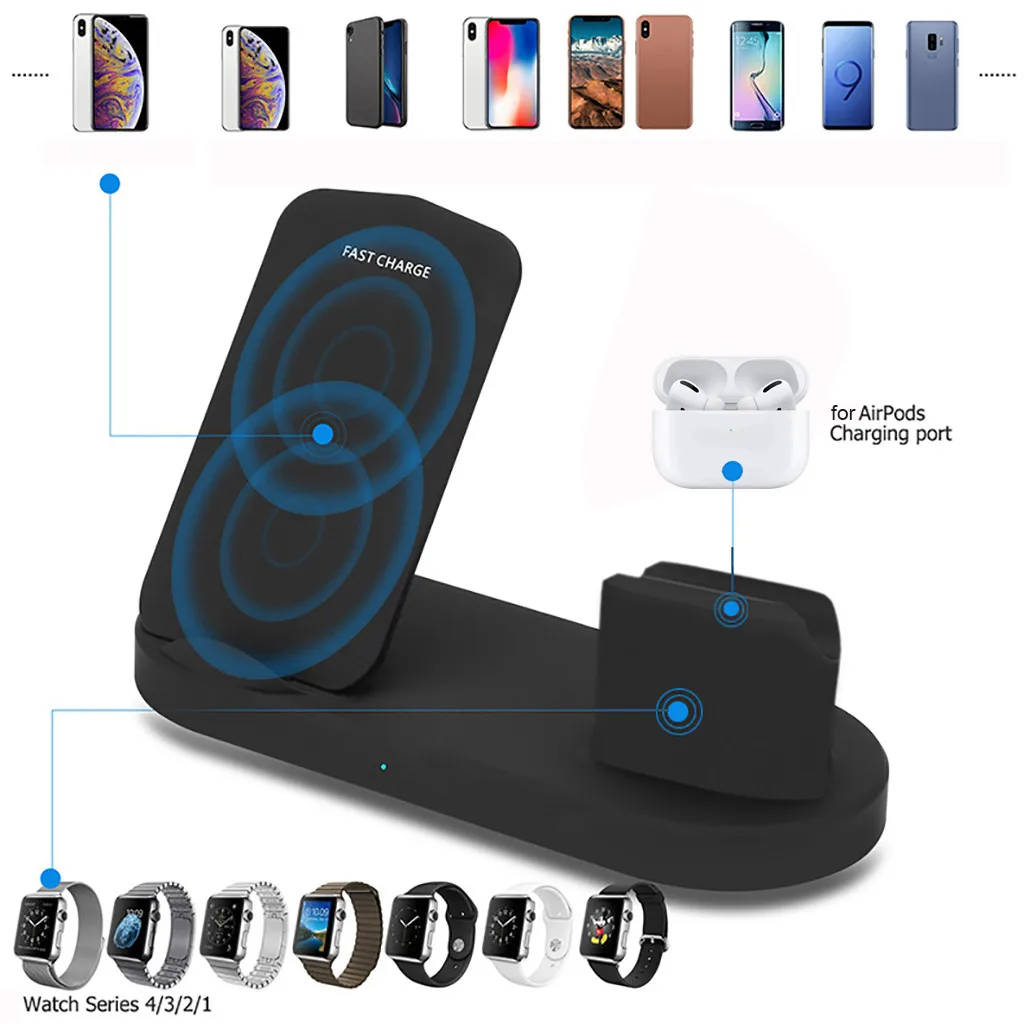 Фото 3в1 10 Вт Qi Беспроводное зарядное устройство подставка для iphone 11 AirPods Pro быстрая 3в1 10 Вт Qi Беспроводное зарядное устройство подставка для iphone 11 AirPods Pro быстрая
