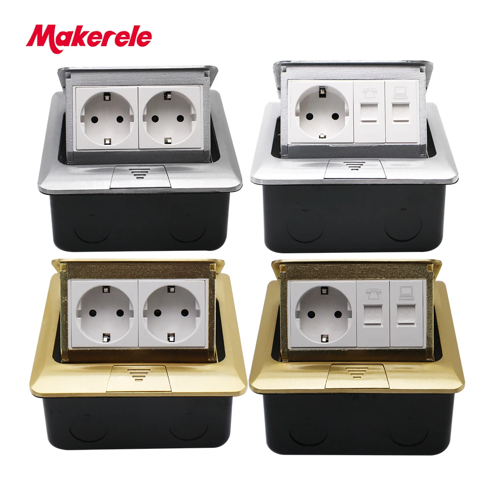 Makerele Floor Socket EU Standard 16A Aluminum/ Cropper Panel Fast Pop Up Power Socket Phone RJ45 net Port 2 Way Sockets