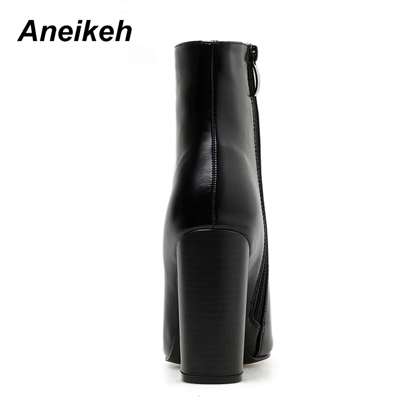Aneikeh 2021 New Spring/Autumn Fashion PU Chelsea Ankle Boots Pointed Toe Zip Women's Party Thick Heel Shallow black 35-40 | Обувь