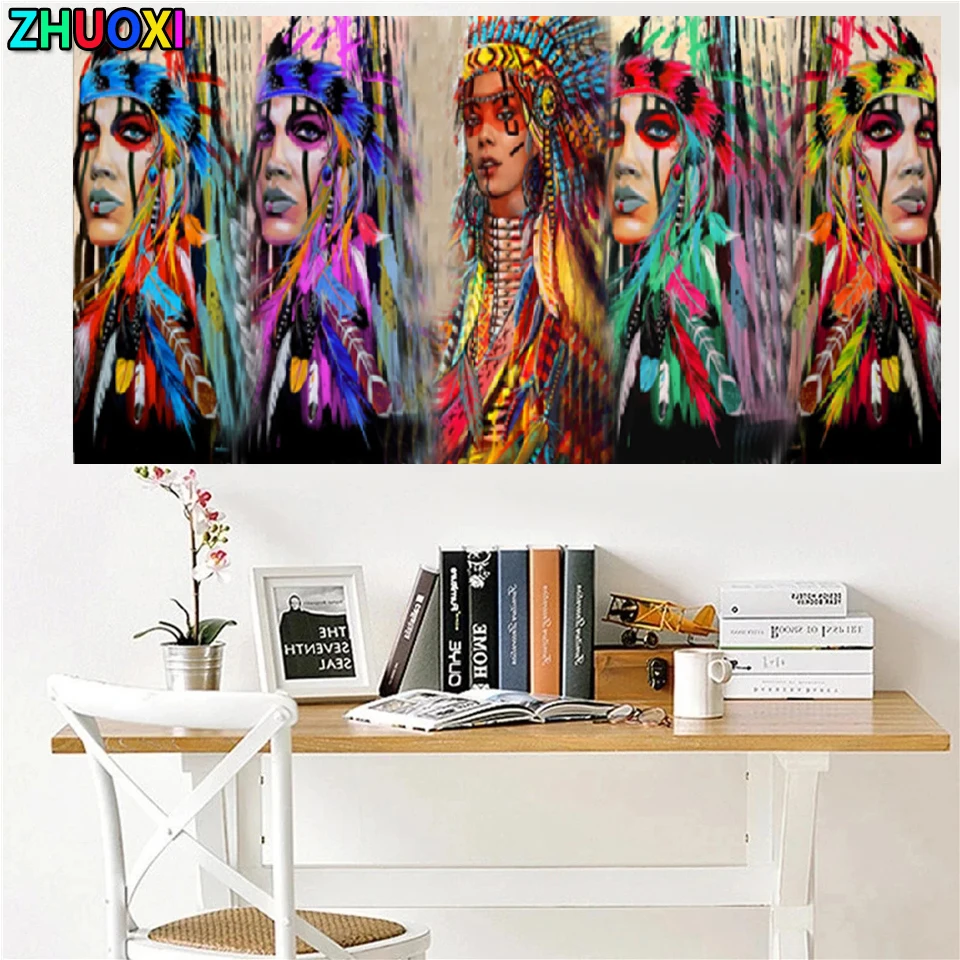 

5D алмазная живопись «сделай сам», акварельная индийская женщина с перьями, наборы крестов, Алмазная мозаика, вышивка, полностью круглая кар...