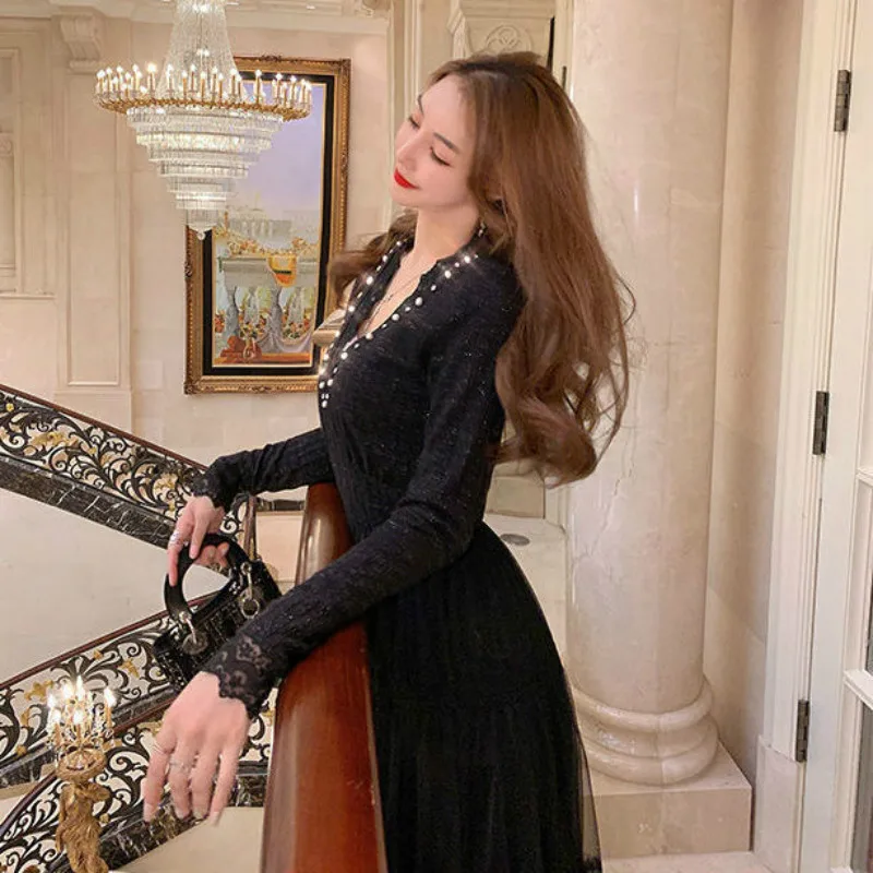 

2021 New Spring French Retro Style Women Mesh Dress Splice Lace Beaded V-neck Long Sleeve Elegant Party Dresses Vestidos Y522