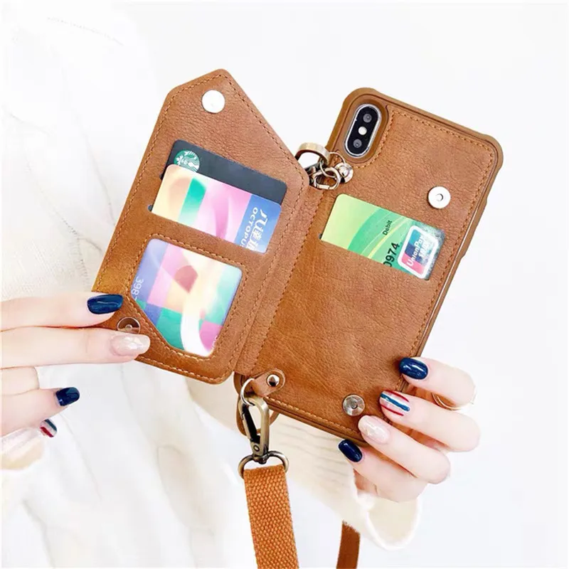 Luxury Leather Wallet Strap Cord Crossbody Case for iPhone 7 8 Plus XR XS 11 12 13 14 PRO MAX Shoulder Lanyard Card Holder Cover