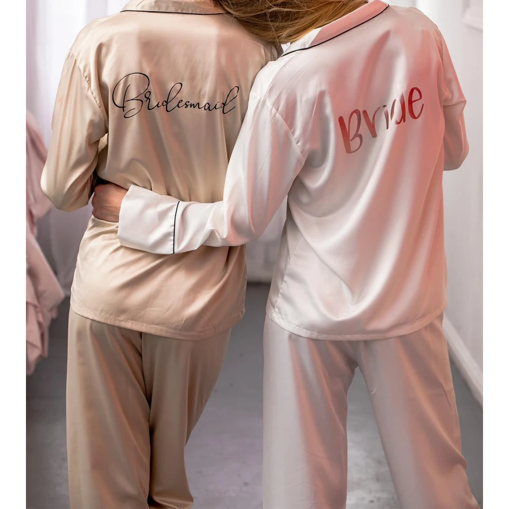 

Custom Name on Two Side Long Sleeve Home Suit for Women Sleepwear Satin Pyjamas Set Personalized Wedding Gifts for Bridesmaid