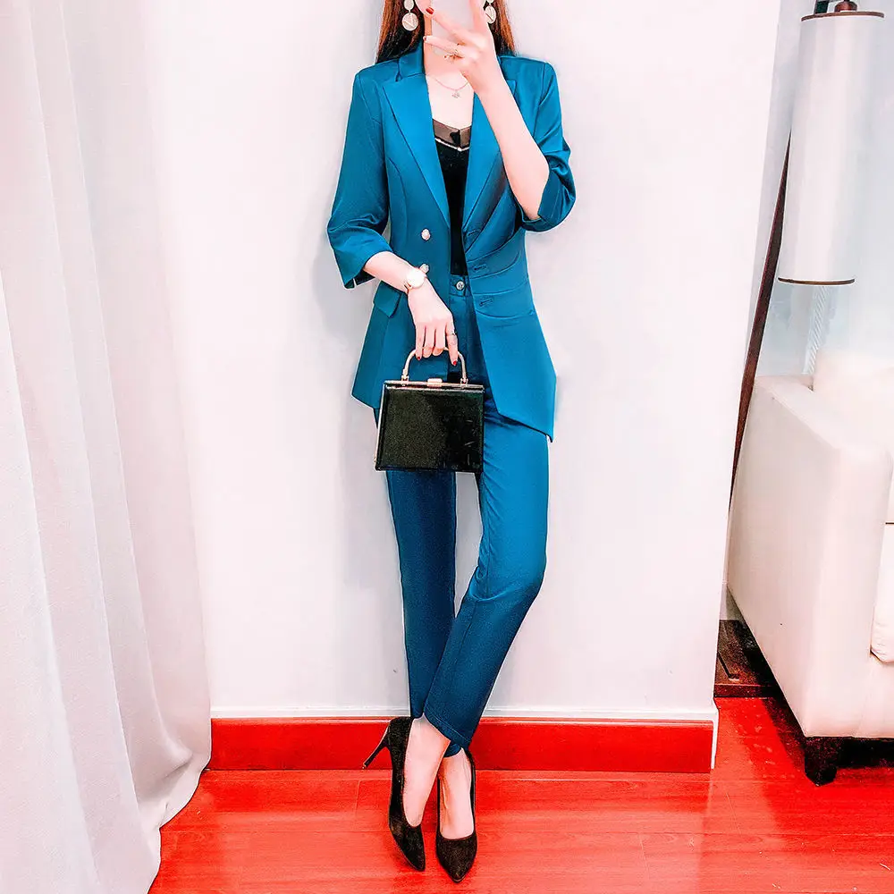 

New 2021 Green Irregular Medium Sleeve Coat Women's Fashion High End Temperament Professional Design Sense Suit Office Uniforms