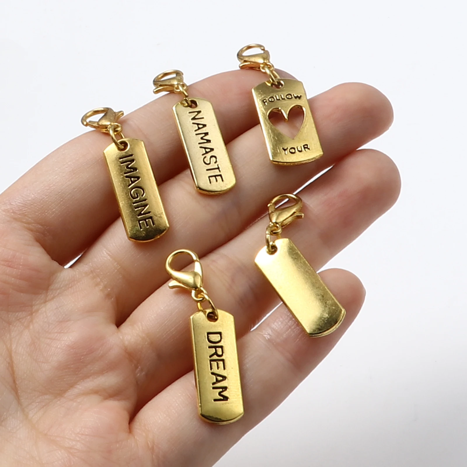 

6 PCs Positive Quotes Energy Charm Pendants Knitting Stitch Markers Geometric Gold Plated Black English Vocabulary Enamel Charm