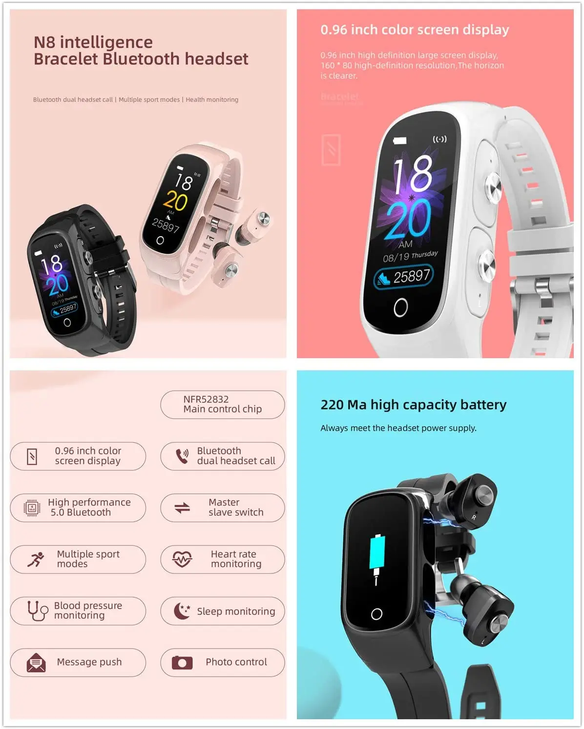N8 2 в 1 Смарт-браслет TWS Беспроводная Bluetooth-гарнитура комбинированные беспроводные