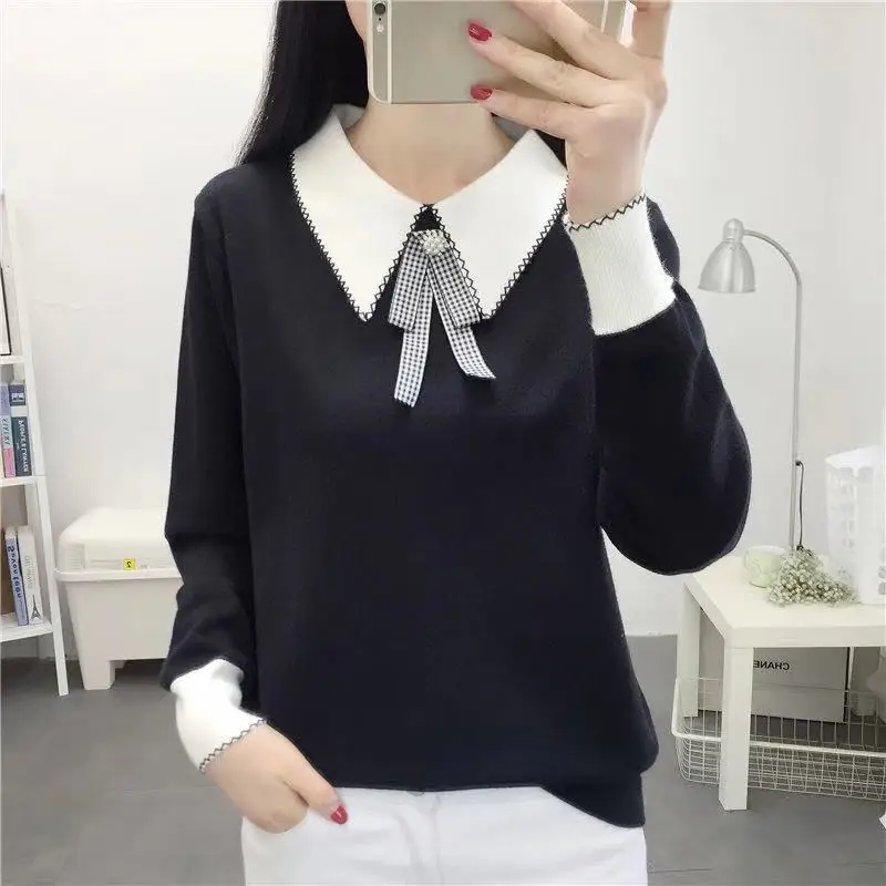 

New sweater [90-200kg] autumn and winter knitted bottoming shirt women's long sleeve large size versatile Lapel Bowknot top