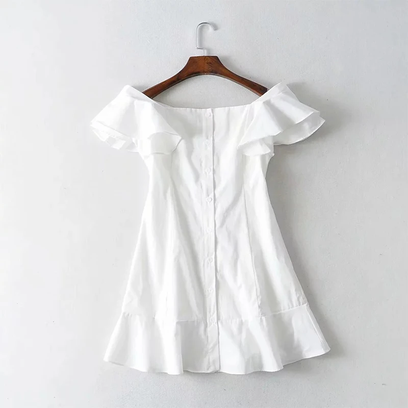 

Summer One Word Collar Dress Solid Color White Women's Clothing Fairy Temperamental Commute Ruffled Loose Waist Short Dresses