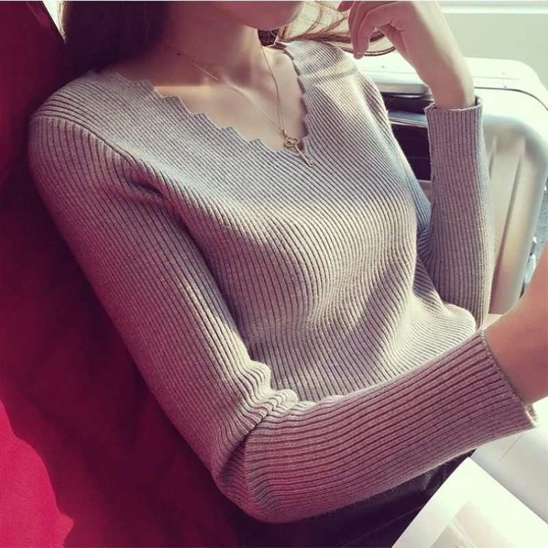 Серый Womens Sweaters Winter Clothes Women Knitted Pullover V Neck Sweater Women Solid Slim Casual Autumn Knit Tops Ladies Jumper - Цвет: Серый