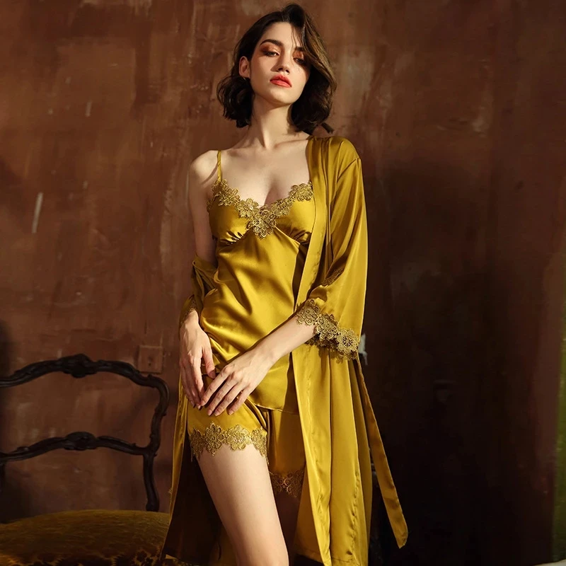 

Women's Pajama Set 4 Pcs Summer Autumn Silk Kimono Ladies Pijamas Satin Solid Wedding Nightie Sexy Sleepwear for Female Suitable