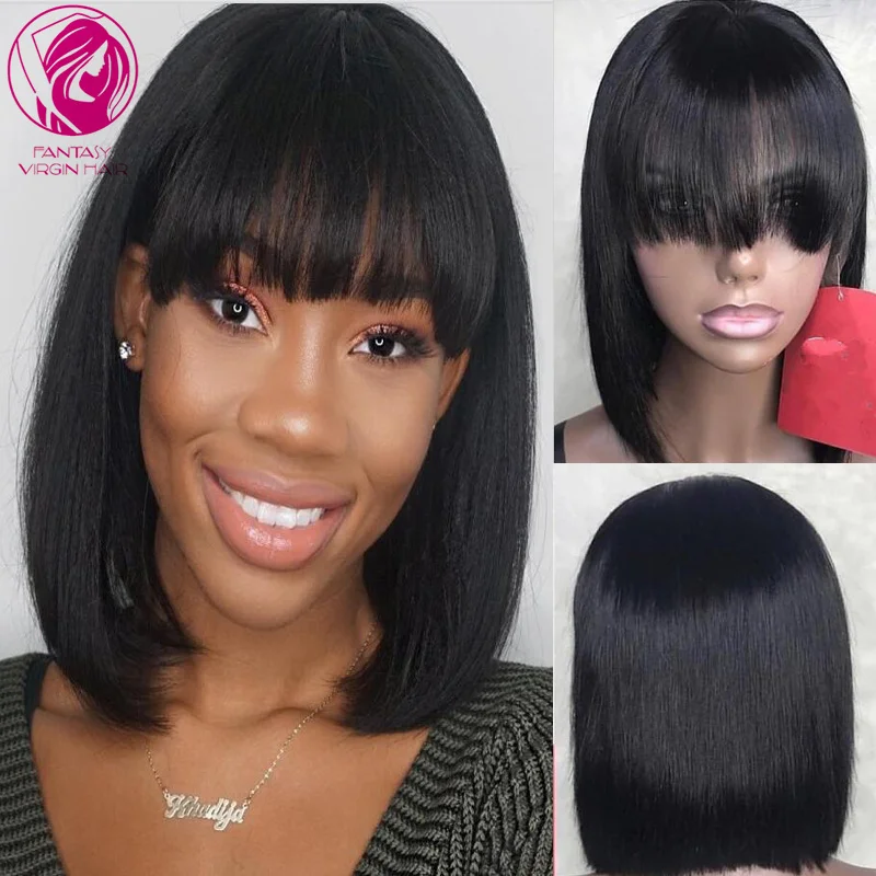 

Human Hair Women Wig with Fringe Short Bob Cut Straight Wigs Virgin Hair Bangs Machine Made Free Part Glueless 150%