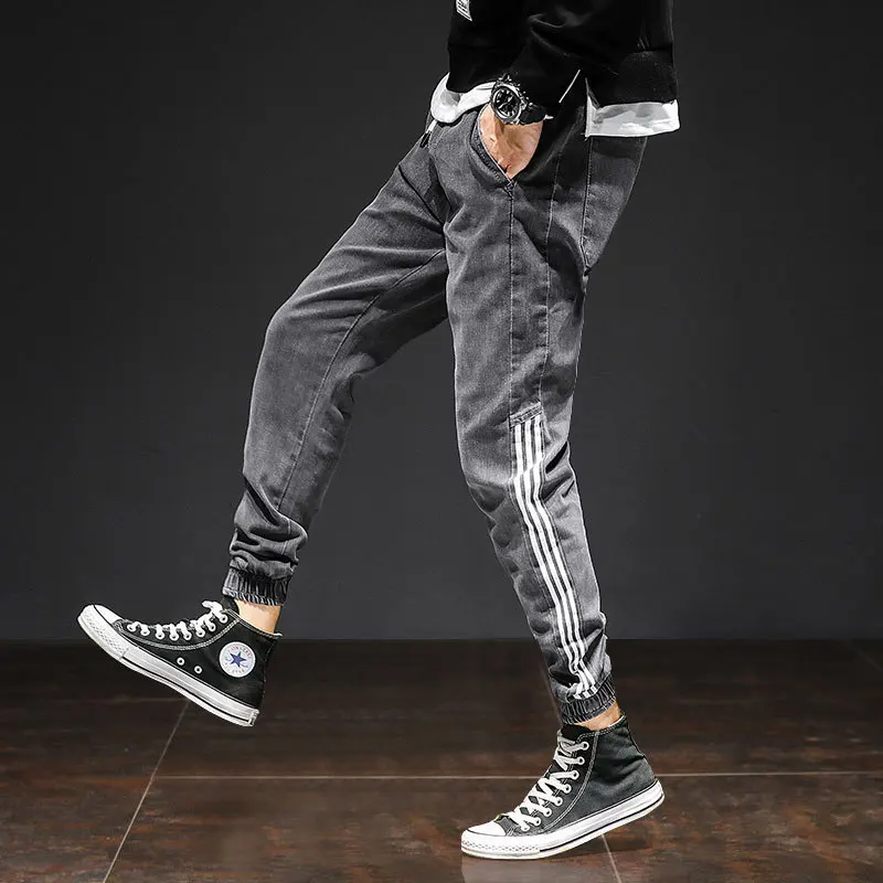 

autumn men's pencil pants solid bunch of foot stretchy breathable stripe decoration casual fashion male denim pants
