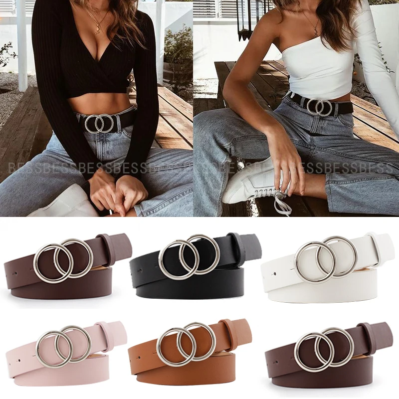 

Female Classic Retro Fashion PU Leather Belt Round Buckle Belt Simple Circle Pin Buckles Female Waistband Jeans Dress Decorative
