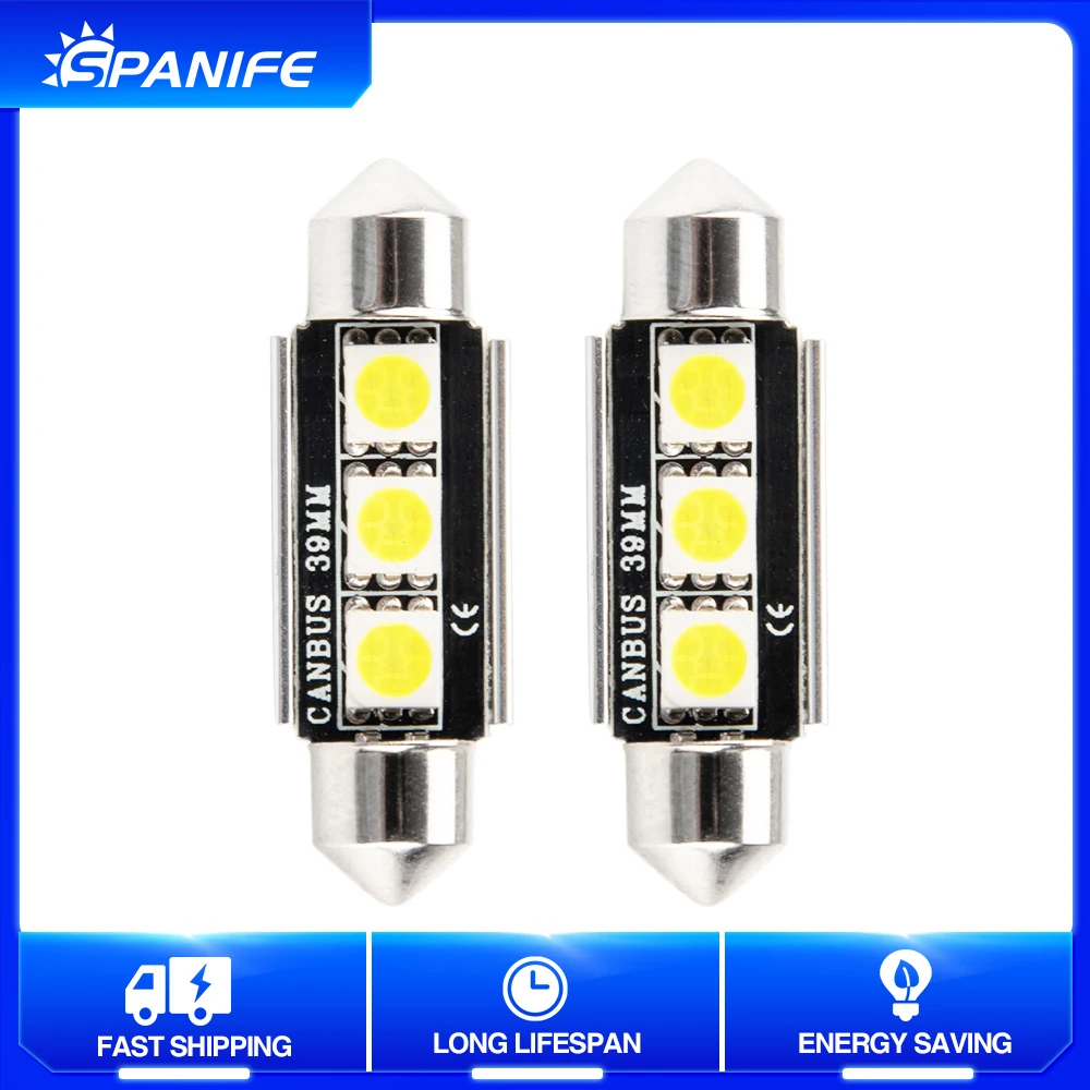 

Spanife 2 шт. Festoon 39 мм Светодиодная купольсветильник карта света C5W 5050 3SMD супер яркая Canbus Festoon Dome Auto лампочка для салона автомобиля 12V 6500K