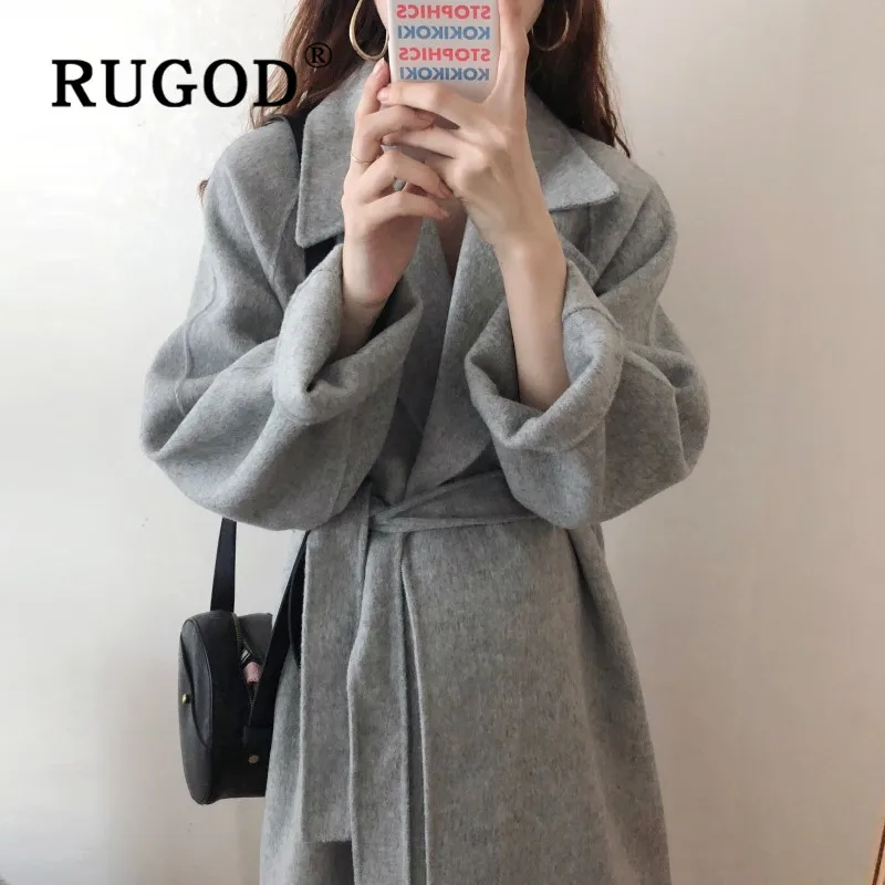 RUGOD/ новое зимнее теплое однотонное кашемировое шерстяное пальто с отложным воротником, зашнуровать, плотное manteau femme, модное элегантное casaco