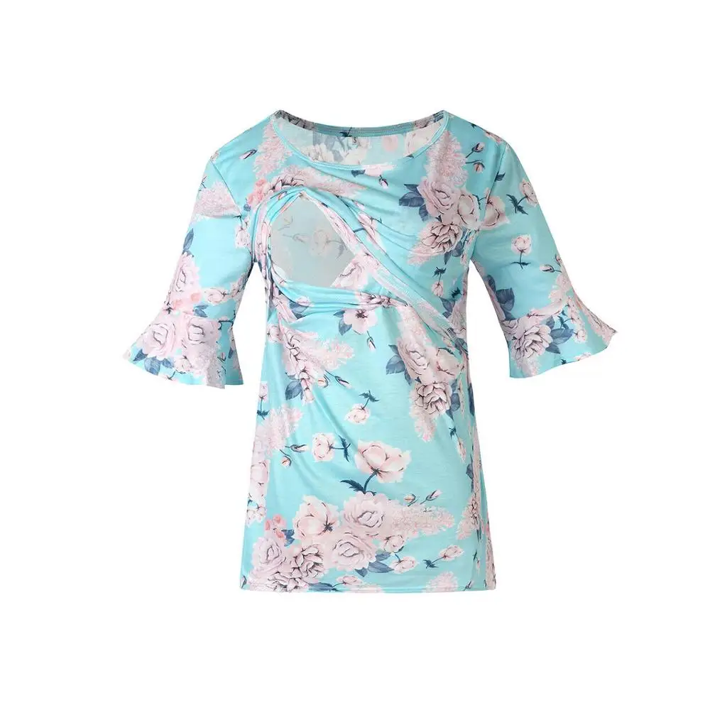 Style D Light Green Полосатая Женская одежда для беременных с круглым вырезом и цветочным принтом, топы для кормящих мам, футболка для грудного вскармливания с длинным рукавом - Цвет: Style D Light Green