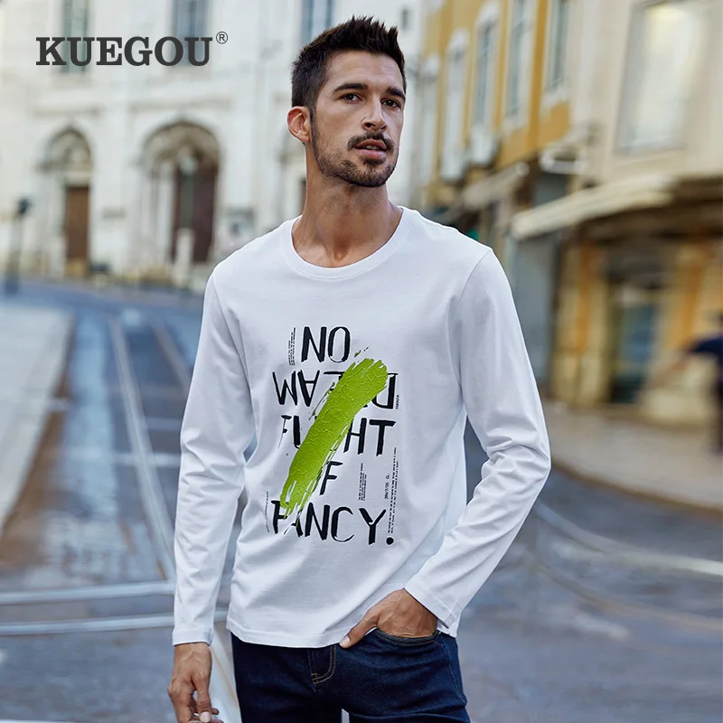 

Kuegou 100% cotton men's tshirt long sleeve male clothing t shirt fashion letters printed T-shirt autumn top plus size ZT-88029