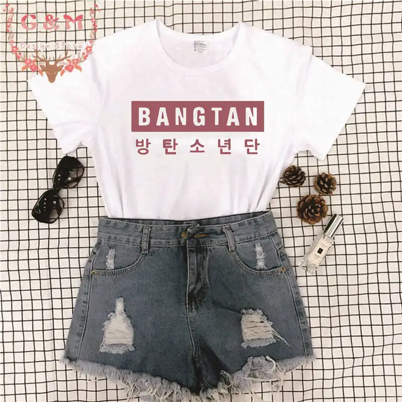 В стиле группы Bangtan Boys 방letter Letter Письмо печати Харадзюку Kpop корейский стиль Женская футболка мода короткий рукав хлопок женские летние топы - Цвет: white t rose gold