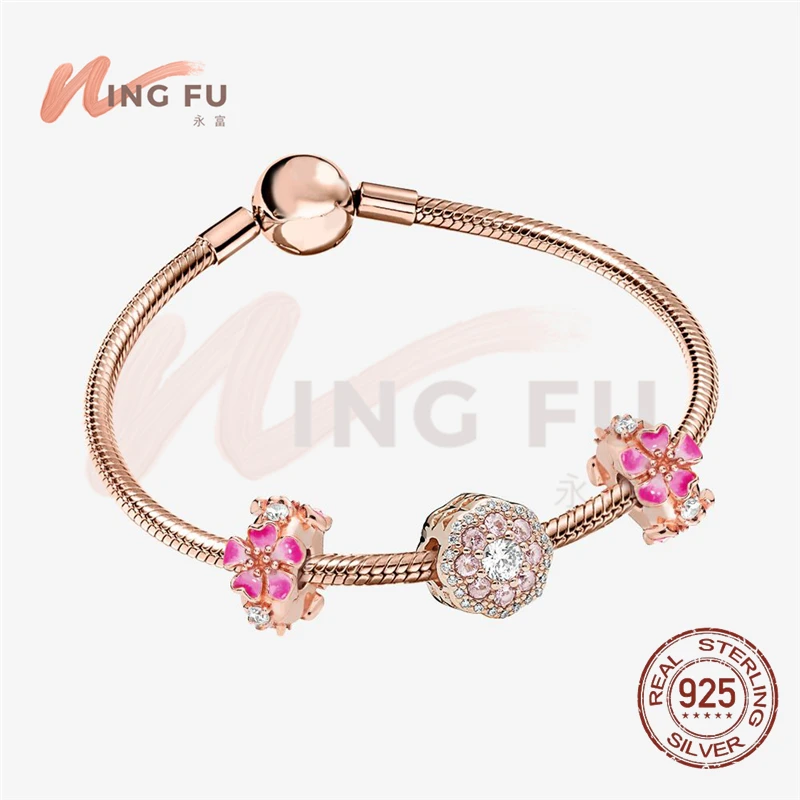 

WingFu 925 sterling silver zircon fit pan bracelet set peach blossom rose golden garden series gift for girlfriend