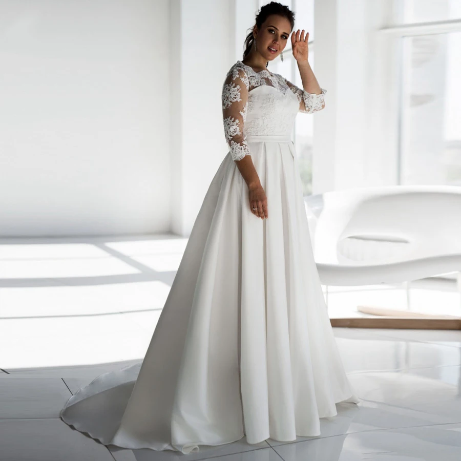 Элегантные атласные свадебные платья с рукавом 3/4 Abiti Da Sposa бальное платье вырезом