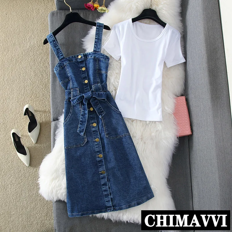 New Fashion Summer Girl Students Simple White T-shirt + Single-breasted Denim Strap Dress Twp-piece Set Women Slim Jeans |