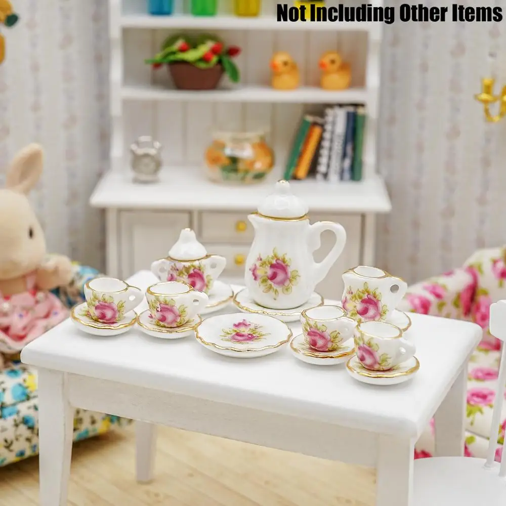 Миниатюрный чайный набор из 15 предметов с розовой розой и золотой отделкой Odoria 1:12