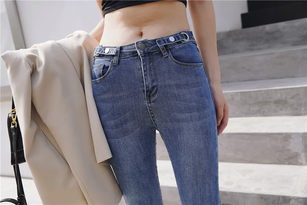 

JUJULAND woman casual high waist pencil pants pocket high street skinny jeans button pants 951