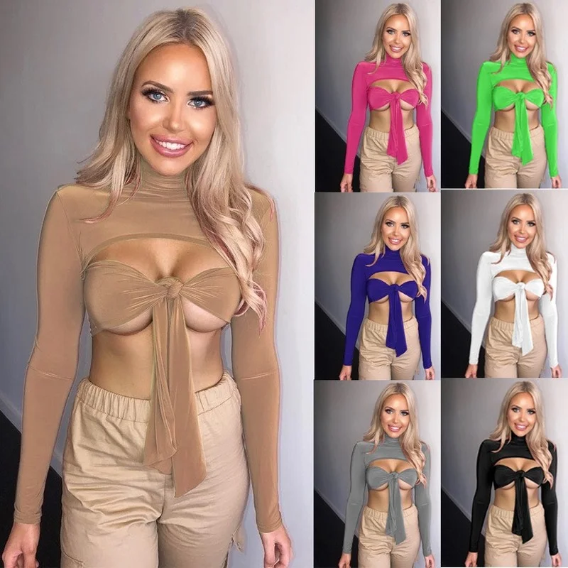 

Women's High Neck Stretch Tight Sexy Lace-up Breasted Top T-shirt Woman Tshirts Long Sleeve Summer Tops for Women 2021