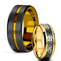 mens classic gold groove beveled edge black stainless steel rings for men retro dragon inlay black fiber 8mm wedding band rings